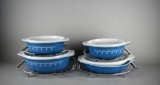 Lot of Four Pyrex Blue Snowflake Garland Serving Bowls w/ Lids & Four Corning Ward Serving Cradles