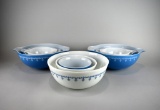 Lot of Incomplete Pyrex Blue Snowflake Garland Mixing Bowl Sets (Nine Pieces)