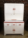 Antique Sellers Depression Era Hoosier Cabinet with Enameled Work Top, White with Red Trim