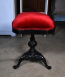 Antique Victorian Cast Iron Adjustable Height Organ Stool With Scarlet Velvet Upholstery