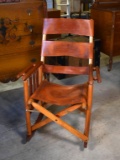 Vintage Handcrafted Hardwood and Embossed Leather Folding Rocking Chair, Horse Motif