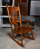 Antique Oak Child's Spindle Back Rocking Chair, Pressed Design in Top Rail