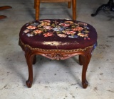 Vintage Carved Mahogany Footstool, Embroidered Burgundy Upholstery, Brass Nailhead Trim