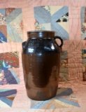 Antique Southern Stoneware 4 Gal. Churn w/ Dark Albany Slip Glaze, Lug and Strap Handles