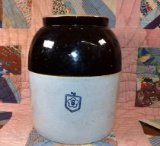 Antique McCoy Stoneware 6 Gal. Crock with Original Lid, Two Tone Albany Slip Glaze, Cobalt Blue Mark