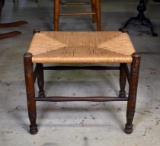 Vintage Hardwood Footstool with Woven Rush Seat