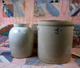 Lot of Two Antique Stoneware Slip Glazed Pots: 2 Gal. Churn & 3 Gal. Crock