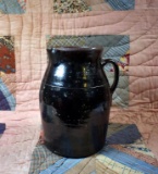 Antique Southern Stoneware Pitcher w/ Dark Albany Slip Glaze, Strap Handle