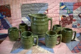 Green Stoneware Barrel Pitcher w/ Six Mugs, Unmarked