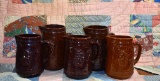 Lot of Five Brown USA Stoneware Pitchers w/ Raised Fruit Designs, Unmarked