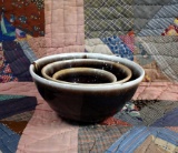 Three Brown w/ White Rim Nesting Stoneware Mixing Bowls