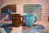 Two 6” Monmouth Art Deco Fan Stoneware Pitchers: Brown and Blue/Green