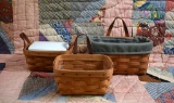 Lot of Three Small Longaberger Baskets w/ Leather Handles, One Liner, Two Protectors, & Storage Dish