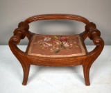 Charming Vintage Child's Carved & Turned Mahogany Stool with Embroidered Seat