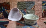 Longaberger Pottery Two Woven Traditions Classic Blue Mixing Bowls & Pink Sweetest Heart Dish