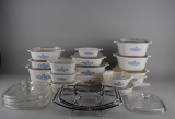 15 Pieces of Corning Ware “Corn Flower” Casseroles & Cookware w/ Lids, Extra Lids, & 3 Metal Cradles