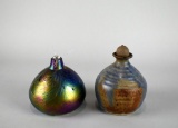 Two Small Oil Lamps: Studio Iridescent Art Glass (N. Vance, 1994) & Art Pottery (Signed)