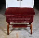 Antique Yellow Pine & Bentwood Ottoman w/ Storage Under Seat, Burgundy Upholstery & Fringes