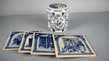 Lot of Five Delft Items: Four Hanging Pharmacists Tiles & Lidded Coffee Canister