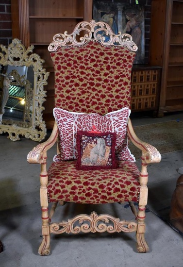 Baroque Carved Wood Armchair with Spanish Feet and Red Jaguar Print Upholstery & Two Pillows