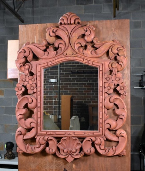 Contemporary Coral Red Carved Wood Mirror