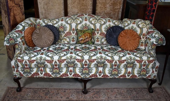 Shuford Chippendale Style Camelback Sofa with Jacobean Tapestry Upholstery, Seven Pillows