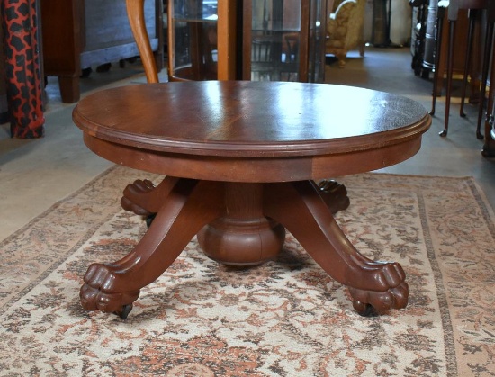 Antique Paw-Footed Round Burl Walnut Coffee Table on Casters