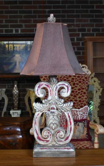 Handsome Lyre-Form Table Lamp with Red Accents, Reddish Bronze Shade