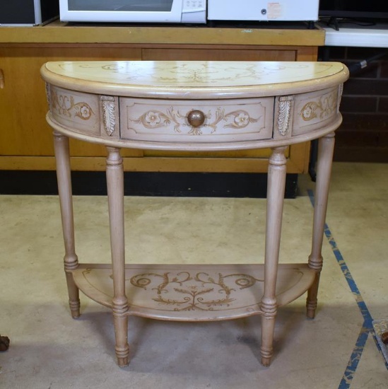 Contemporary Enameled & Stencil Decorated Wooden Demilune Table with Central Drawer
