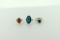 Lot of Three 800 or Sterling Silver Rings with Turquoise, Red Coral, or Green Onyx Stones