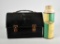 Vintage Thermos Brand Black Dome Top Lunch Box & Green/Cream “Holiday” Thermos Bottle