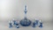 Vintage Blue Crystal Cut Glass Mid-Century Spirit Decanter w/ Six Goblets, Italy