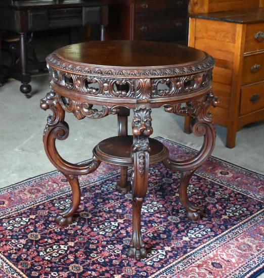 Antique Mid 19th C. Gothic Revival Lion's Head Carved Walnut Table, Burl Walnut Top, Paw Feet