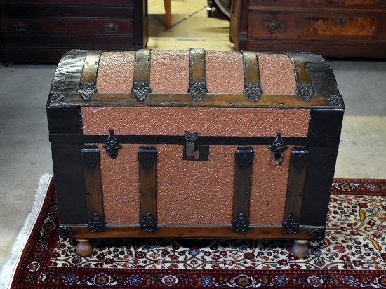 Antique Early 20th C. Child's Size Camelback Steamer Trunk with Stamped Tin Top and Front