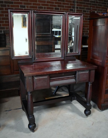 Antique Early 20th C. Empire Revival Triptych Mirror Mahogany Vanity