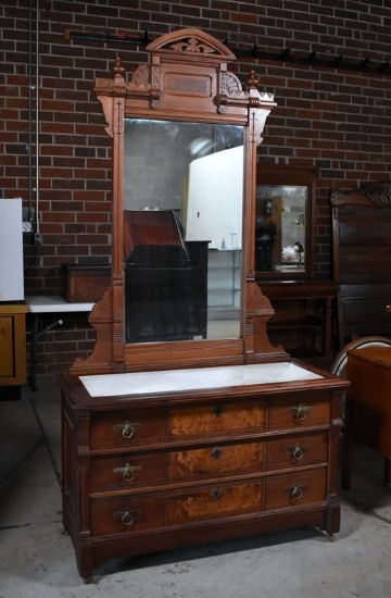 Antique Late 19th C. Eastlake Burl Walnut Dresser, Inlaid Marble Top