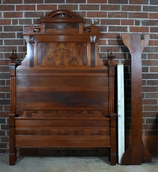 Antique Late 19th C. Eastlake Burl Walnut Full Bed with Rails & Slats