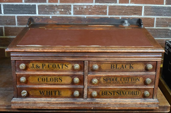 Antique Early 20th  C. J&P Coats' Spool Thread Oak Cabinet & General Store Desk w/ Ink Bottle