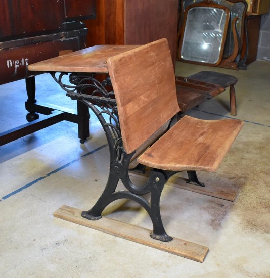 Antique Early 20th  C. Tilt-Seat Hardwood & Cast Iron Student School Desk