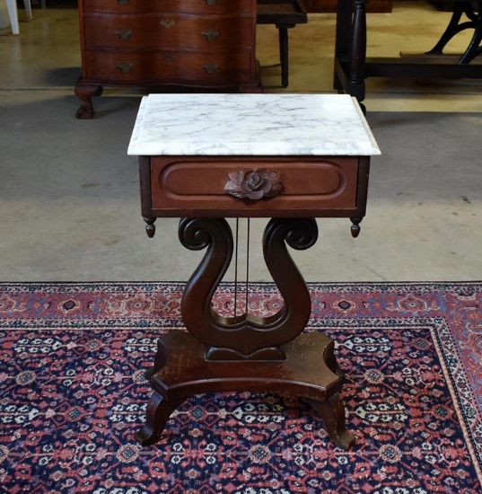 Vintage Marble Top Rosewood Side Table with Lyre Pedestal Base