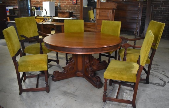 Antique Early 20th C. Carved Walnut Pedestal Base Dining Table