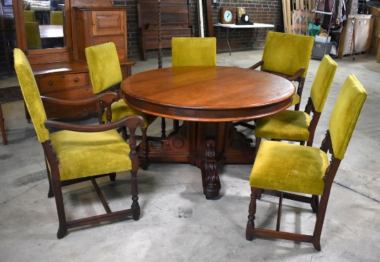 Set of 6 Antique Early 20th C. Carved Walnut Dining Chairs w/ Upholstery, Two Master & 4 Side Chairs