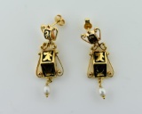 14K Gold and Pearl Earrings with Niello Decoration