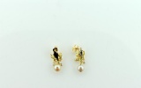 14K Gold and Pearl Earrings with Blue Enamel Decoration