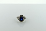 14K White Gold, 4.5 Carat Cushion Cut Blue Sapphire and Diamond Ring, Size 7.75