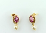 14K , Pink Sapphire & Pearl Earrings