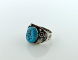 Handsome Vintage Native American Pawn Silver and Turquoise Ring, Size 12.5