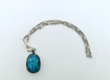 Vintage Ceramic Blue-Glazed Scarab Beetle Pendant on Sterling Silver 18” Chain