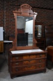 Antique Late 19th C. Eastlake Burl Walnut Dresser, Inlaid Marble Top