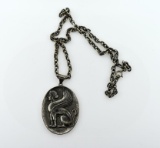 Vintage Silver Mythological Winged Sphinx Oval Pendant on 21” Silver Chain